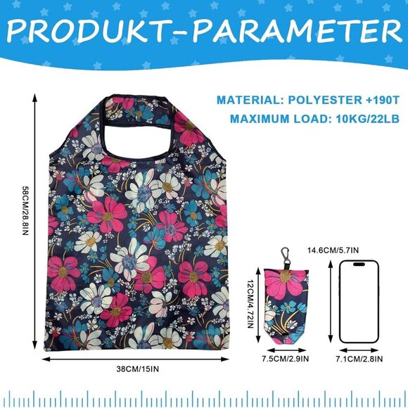 6 pcs Reusable Foldable Grocery Shopping Bags with Flower Patterns, Waterproof, - Picture 4 of 7